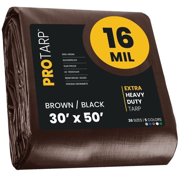 30 ft x 50 ft Heavy Duty 16 Mil Tarp, Brown/Black, Polyethylene, Waterproof, Rip and Tear Proof, Protarp, Mfr#: PT-102-30X50